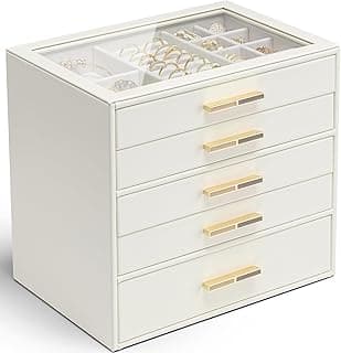 VLANDO Vlando 5 Layer Jewelry Box for Women, Glass Lid Jewelry Organizer with 5 Drawers for Necklaces Rings Earrings Bracelets - Cloud White