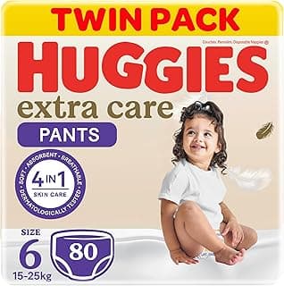 Huggies, Extra Care Culottes, Size 6 (15-25 kg), Twin Jumbo Pack of 80 Baby Diaper Pants, Cloud Soft Waistband, Soft Pillows Absorb in Seconds, Easy & Convenient, With Extra Protection
