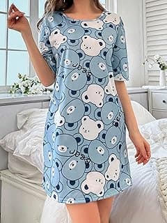Women's Long-Sleeved Nightgown: Light Blue Base With Blue & White Teddy Bear Print, Round Neck, Soft Fabric, Loungewear