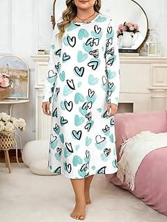 Plus-Size Women's Long-Sleeved Nightgown: White Base With Teal & Black Heart Print, Round Neck, Soft Fabric, Loungewear