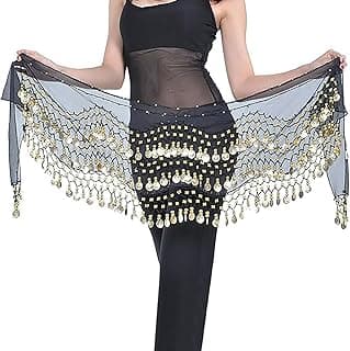 GoodTool Belly Dance Hip Skirt Wrap Belt, Belly Dance Hip Scarf with 128 Gold Coins, Sequin Fringe Hip Scarf