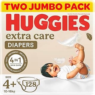 Huggies, Extra Care Baby Diapers, Size 4+ (10 - 16 kg), Twin Jumbo Pack of 128 Diapers, Soft Pillows Absorb in Seconds, Absorbent Channels and Stretchy Waistband, 12h Day & Night Protection
