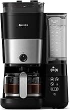 Philips All-in-One Brew Drip Coffee Maker - With Built-in Grinder, 1.25L, Up to 15 Cups, Glass Jug, Auto Off function, Timing Controlled Brewing Program, Duo Beans Container, Black/Silver - HD7900/50