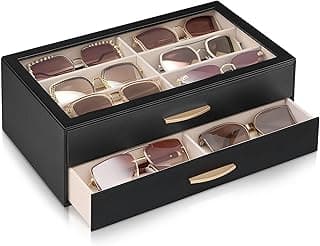Lolalet Women’s Sunglasses Box Organizer, Eyewear Glasses Display Holder with Jewelry Watch Sunglasses Drawer Collection Case with Glass Lid