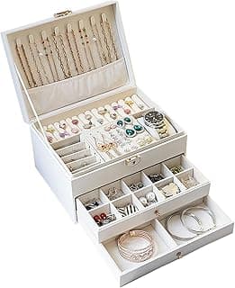 ZERIFAM ZERIFAM Jewelry Storage Box - PU Leather Jewelry Organizer, 3 Layer Jewelry Storage Box With Metal Buckles, Used For Earrings, Rings, Necklaces, Bracelets, And Jewelry Boxes. (White)