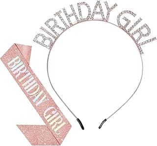 HOUWY Rose Gold Birthday Crown and Sash Set for Women - Tiara, Headband, Princess Rhinestone Crown, Party Girl Sweet Hair Accessories - Happy Birthday Gift