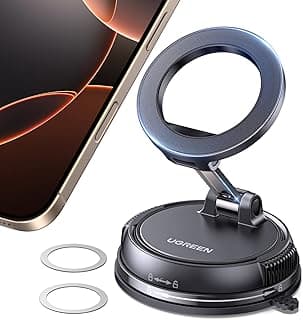 UGREEN Car Phone Holder for MagSafe, Strong Magnetic Car Mount with Metal Rings [360° Adjustable], [One-Hand Auto-Lock], [Removable Base], Compatible with iPhone 17/16/15/14, Samsung S25/24/23, Black
