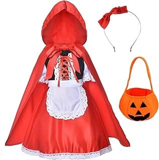OSHIMA Little Red Riding Hood Costume for Girls, Halloween Costume for Kids, Christmas Cosplay with Pumpkin Basket, Book Characters, Cloak Headband Bag (8-9 9-10 11-12Years) Girls Summer Neck Dress