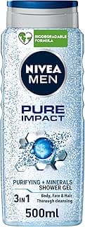 NIVEA MEN Pure Impact 3in1 Shower Gel, Cleans Body, Face and Hair, with Purifying Particles, Deep Cleansing for a Fresh Feeling, for All Skin Types, 500ml