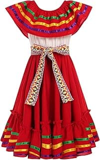 AGYMNX Mexican Dress for Girls Cinco De Mayo Fiesta Mexican Traditional Folk Ruffle Drape Dresses with Belt