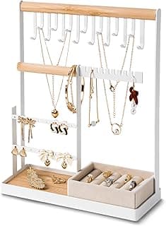 DreamGenius DreamGenius Jewelry Organizer Stand with Velvet Ring Holder, 4 Tier Jewelry Holder Organizer with 15 Hooks for Necklaces and 16 Holes for Earrings, White
