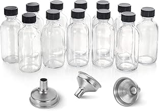AOZITA 12, 2 oz Small Clear Glass Bottles (60ml) with Lids & 6 Stainless Steel Funnels - Boston Round Sample Bottles for Lab Supplies
