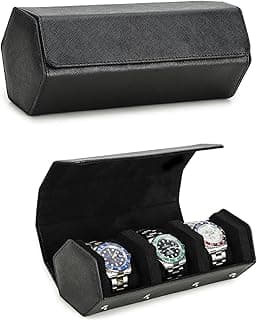 Hiram Hiram Genuine Leather Watch Roller Case, Hexagonal Travel Case for 3 Watches, Protective Watch Storage Box (Black)