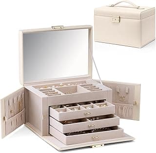 VLANDO Vlando Velvet Jewelry Organizer Box for Women, Large Leather Jewelry Storage Box with Locked, Mirrored, 4 Drawer for Watch Necklace Ring Earring Storage, Gift for Girl Women and Mom - Apricot White