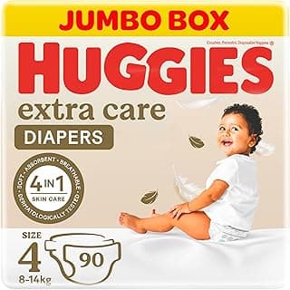 Huggies, Extra Care Baby Diapers, Size 4 (8-14 kg), Jumbo Box of 90 Diapers, Soft Pillows Absorb in Seconds, Absorbent Channels and Stretchy Waistband, 12h Day & Night Protection