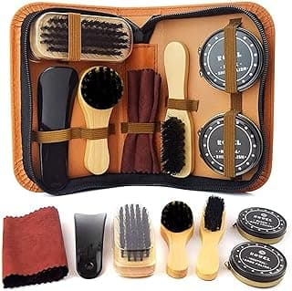 Goodern 8 PCS Shoe Shine Kit,Portable Travel Shoe Shine Brushes Set with Zipper Bag Care Shoe Shine Tools,Design for Long Use,Practical Cleaning Applicator for Shoes/Wallets/Car Seats/Furniture-Brown