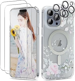 R-fun for iPhone 14 Pro Max case, Compatible with MagSafe, with [2x Screen Protectors + 2x Camera Lens Protectors],[Anti-Yellowing] Frosted Floral Slim Shockproof Case for 14 Pro Max 6.7 inch -Peony
