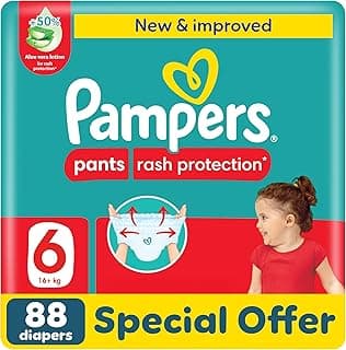 Pampers Rash Protection Pants Diapers, Size 6, 16-21kg, +50% Aloe Vera Lotion, 360° Leak-Free Fit for up to 100% Leakage Protection, Giant Pack, 88 Count
