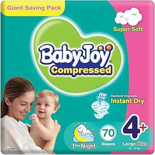 BabyJoy Compressed Diamond Pad, Size 4+, Large+, 12-21 kg, Giant Pack, 70 Diapers