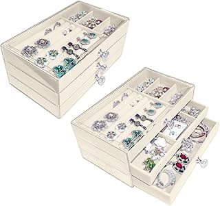 Tazweeq Tazweeq Jewelry Box for Women, with 3 Drawers, Clear Acrylic, Velvet, for Earring Bangle Bracelet Necklace and Rings Storage (Beige)