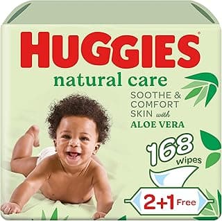 Huggies, Natural Care Aloe Vera Baby Wipes, Pack of 3 x 56 Wipes, Enriched with Pure Aloe Vera, Made from Natural Plant-Based Fibers, Safe and Gentle, Paraben & Alcohol Free