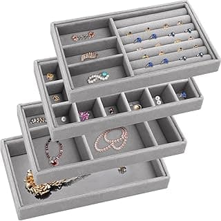 ABIN ABIN Set of 4 Jewelry Organizer Tray,Stackable Velvet Jewelry Trays,Drawer Inserts Earring Organizer For Women Girls Jewelry Storage Display Case for Rings Stud Necklaces (Grey)