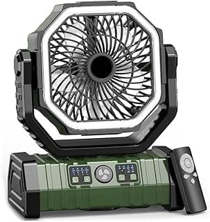 Camping Fan with LED Light & Hanging Hook, 4 Speeds 20000mAh Battery Operated Outdoor Tent Cooling Fan with Remote, USB Rechargeable Desktop Fans 270°Rotation Auto Oscillation Silent Fan Travel Picnic
