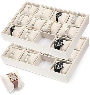 U HOOME U HOOME Velvet Watch Bangle Organizer Tray, 2 Pack 12 Grid Velvet Watch Tray Jewelry Organizer Stackable Watch Bracelet Bangle Display Holder Adjustable Pillow for Man Woman Show Birthday (Beige)