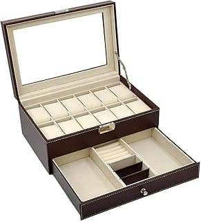AUTOARK AUTOARK Leather 12 Mens Watch Box with Jewelry Display Drawer Lockable Watch Case Organizer,Brown,AW-003