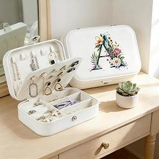 Monogram Jewelry Box Portable Print Jewelry Box, Black Compact Jewelry Box Travel Jewelry Case Travel Case Organizer Bag Storage Box Jewelry Holder For Necklace Earrings Rings Bracelet (Letter A)