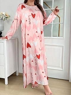 Plus-Size Women's Long-Sleeved Nightgown: Pink Base With Red and White Heart and Love Letter Prints, Round Neck, Soft Fabric