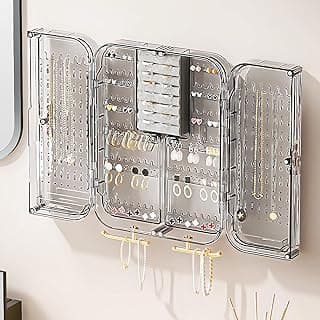 KASTWAVE KASTWAVE Wall Mounted Jewelry Organizer, No Punching Transparent Necklace Storage Hanging Box Cabinet, Bedroom Earring Ring Holder Decor Display Rack Preppy Teen Girl Birthday Gifts (11x8in, Ash Gold)