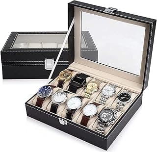 Arabest 10 Grids Watch Box PU Leather Watch Case Holder Organizer Storage Box for Bracelet Watches Jewelry Display Boxes