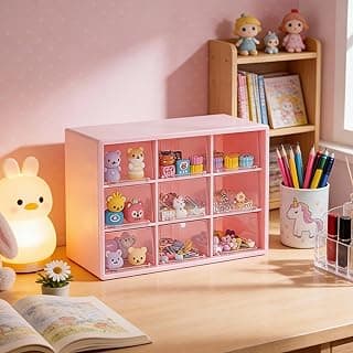 Desk Organizer Box with 9 Compartments, Jewelry Organizer Storage Box with Multi Drawer Structure for Rings, Earrings, Beads, Makeup, Office, and Craft Storage, Pink