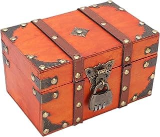 Generic Vintage Wooden Treasure Chest with Lock, Decorative Antique Wood Jewelry Box, Rustic Storage Chest Craft Boxes Decoration for Pearl Trinkets Tarot Cards Earring Collectibles (Small Size)