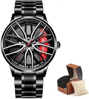 Foloose Car Watches for Men,Waterproof Stainless Steel Japanese Quartz Wrist Watch Sports Men’s Watches with Car Wheel Rim Hub Design with Watch Box