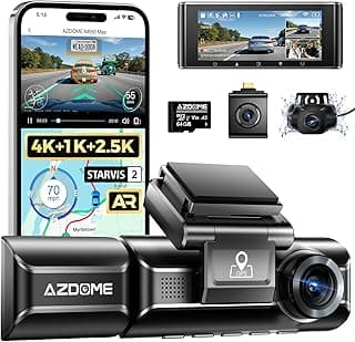 AZDOME داش كام 4K M550 MAX، تسجل بدقة 4K+1080P+2.5K dash cam أمامية وخلفية وداخلية، مزودة بـ Dual STARVIS، بطاقة 64GB، WiFi، GPS، رؤية ليلية فائقة، مراقبة وقوف السيارات، تسجيل مستمر، WDR، ومستشعر G.