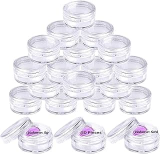 Chefkit 50 Pack Travel Sample Pots, 5ml Empty Plastic Cosmetic Jars with lids, Clear Round Mini Portable Cosmetic Containers for Creams Lotion Eye Shadow Makeup Glitter Storage