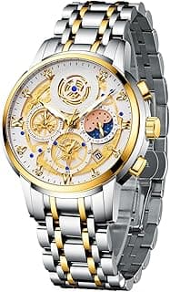 ANYUAN Luxury Men’s Moon Phase Watch, Multifunction Quartz Chronograph Wristwatch with Luminous Dial, Waterproof Stainless Steel Strap