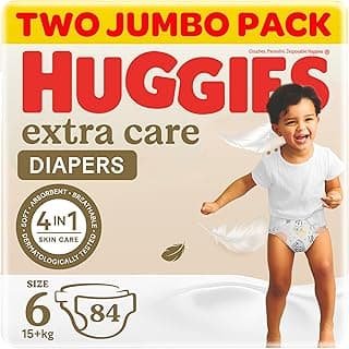 Huggies, Extra Care Baby Diapers, Size 6 (15+ kg), Twin Jumbo Pack of 84 Diapers, Soft Pillows Absorb in Seconds, Absorbent Channels and Stretchy Waistband, 12h Day & Night Protection