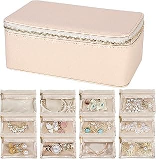 Homarket Homarket Travel Jewelry Box,Jewelry Organizer with 12 Pcs Velvet Jewelry Pouches, PU Leather Jewelry Box for Travel Accessories Birthday Christmas Gifts for Women Girls (Beige)