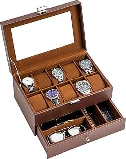 ProCase ProCase 10 Slots Watch Box Case for Men, Mens Jewelry Organizer Watch Holder Display Case with Drawer, PU Leather Watch Storage Boxes with Glass Lid and Pillow -Espresso