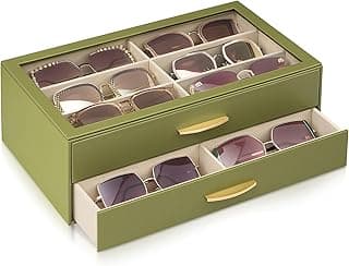 Lolalet Women’s Sunglasses Box Organizer, Eyewear Glasses Display Holder with Jewelry Watch Sunglasses Drawer Collection Case with Glass Lid