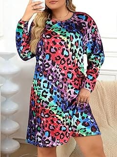 Plus-Size Women's Long-Sleeved Nightgown: Colorful Tie-Dye Base With Black Leopard Print, Round Neck, Soft Fabric