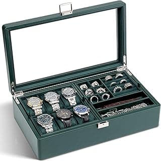 VLANDO Vlando 6-Slot Watch Box Organize, Lockable Watch Case with Textured Leather, 2 Layer Watch Holder for Rings, Bracelets, Glasses, Glass Lid, Removable Divider, Gift for Fathers, Husband, Friend, Green