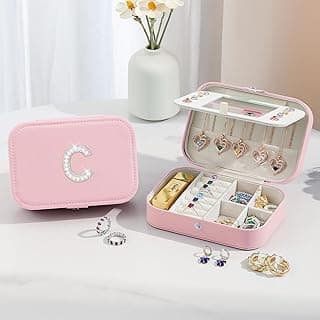 Travel Jewelry Case Gifts Earring Jewelry Box Christmas Gifts for Sister Bracelet Organizer Ring Box Small Stud Erring Case with Mirror Pink Letter A-Z