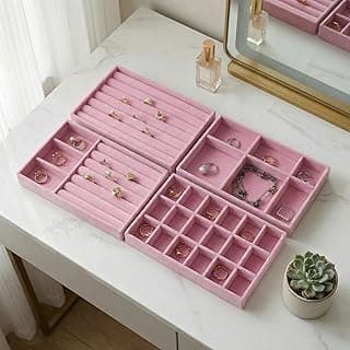 Velvet Jewelry Drawer Organizer Trays, 4 Layer Stackable Jewelry Storage Inserts with Removable Dividers for Earrings Rings Necklaces and Bracelets, Dresser and Vanity Organizer Set, Pink