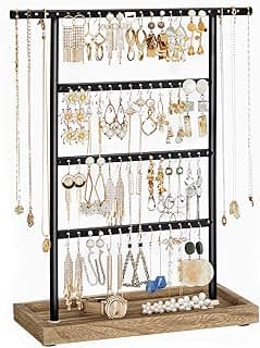 SONGMICS SONGMICS Jewelry Stand, 4-Tier Jewelry Holder Organizer with Tray, Wood Base, for Earrings and Studs, Vintage, Wood Color and Black UJJS019B01