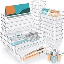 MCTE 25 Pieces Clear Plastic Drawer Organizers Set – Versatile Bathroom & Vanity Drawer Divider Trays – 4 Sizes Storage Bins for Toiletries, Makeup, Jewelry, Bedroom, Office, Kitchen Gadget & Utensils
