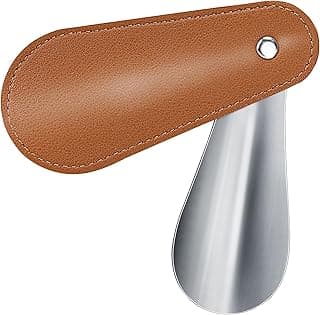 KASTWAVE Portable Mini Metal Shoe Horn, 4.5 Inch with Leather Handle, Compact Durable Travel Shoe Spoon for Men and Women, Short Easy-Use Shoehorn in Brown